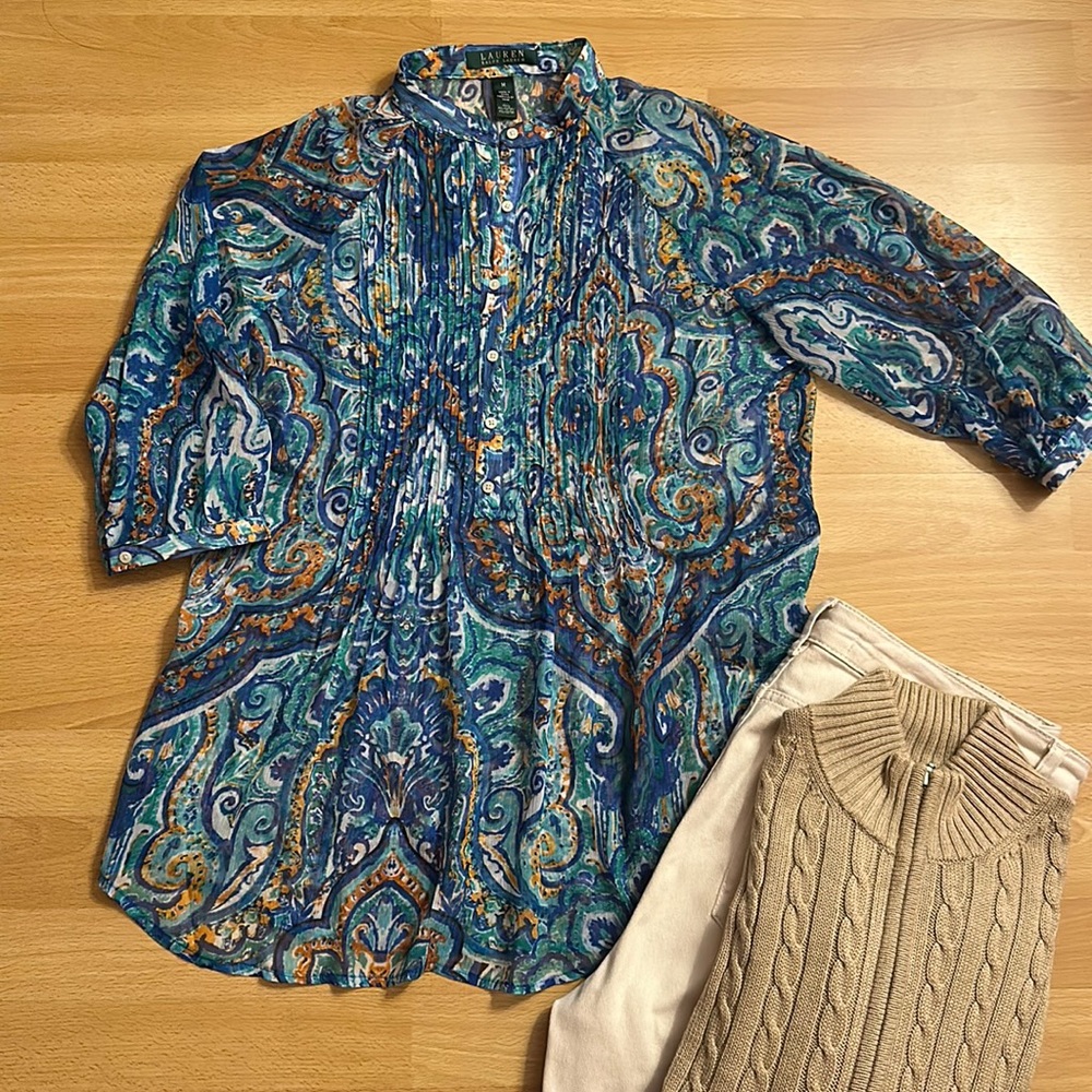 Lauren Ralph Lauren blue and orange paisley print sheer blouse size medium